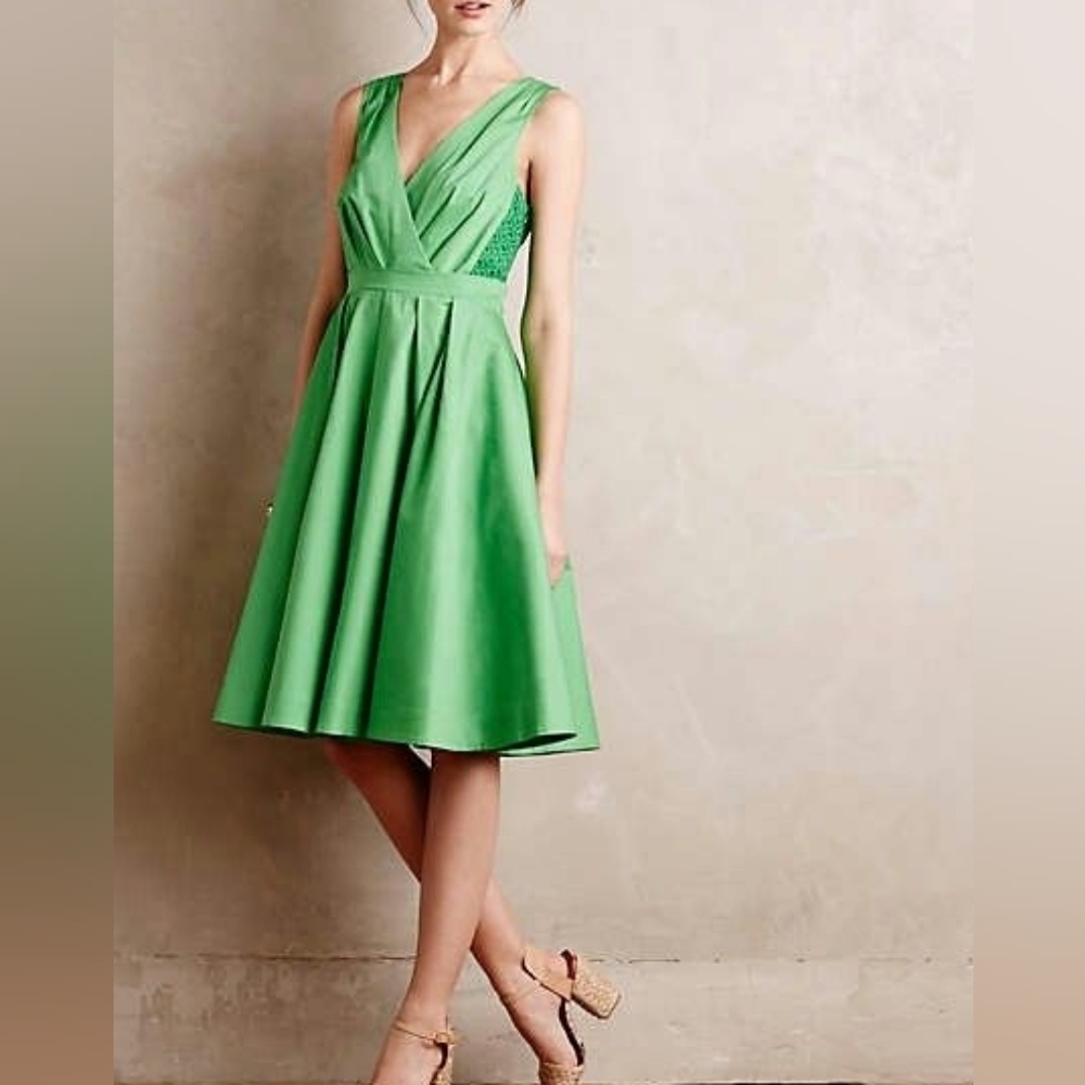Collette Dinnigan Anthropologie Green Cotton Dress Fit And Flare Formal Size 8
